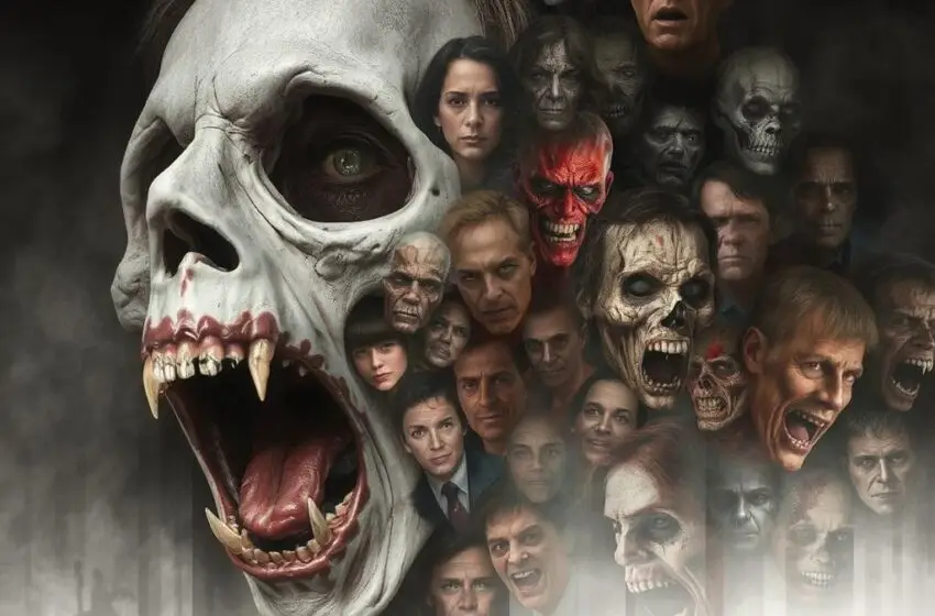 Collage of Scary people, skulls and images